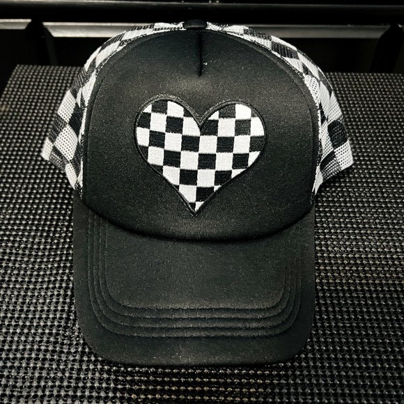 Black Checkered Board Trucker Hat with Checkered Heart Design - Picture 1 of 8